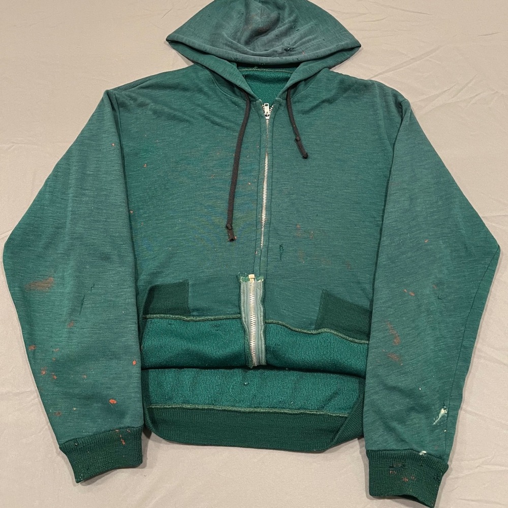 Vintage 70s 60s Thermal Lined Zip Up Hoodie Distressed Forest Green Workwear 60s